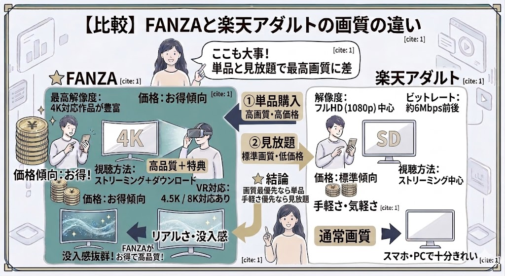 【比較】FANZAと楽天アダルトの画質の違いはどう違う?