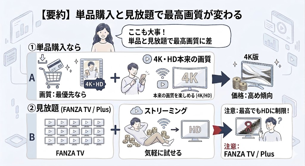 単品購入と見放題で最高画質が変わる