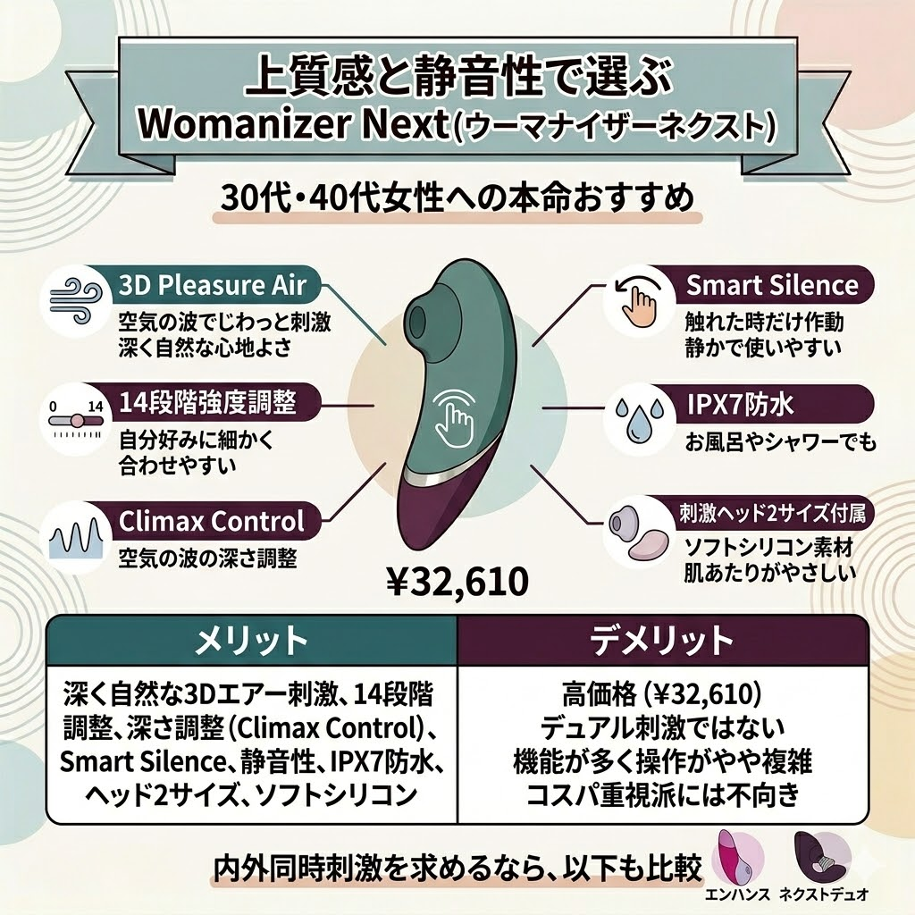 上質感と静音性で選ぶなら Womanizer Next(ウーマナイザーネクスト)